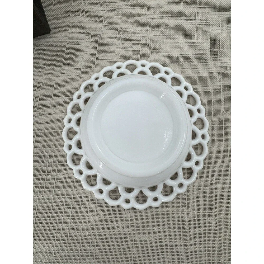 Vintage White Milk Glass Lace Edge Pedestal Bowl Openwork Dish Trinket Holder
